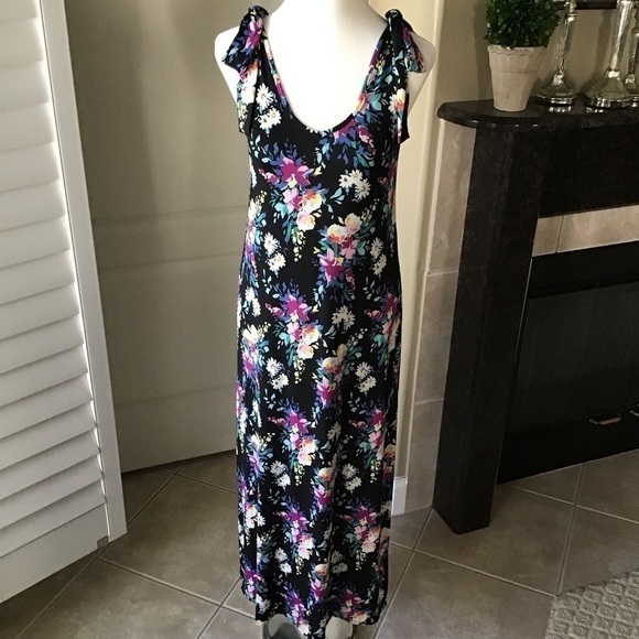 Floral Maxi Sundress Junior SMALL Sleeveless Shoulder Tie Stretch Poof New York - Picture 10 of 16